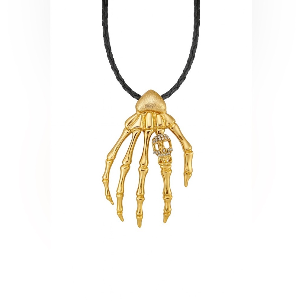 ⚜️❤️‍🔥 Luxury Gold Skeleton Hand Pendant with Black Leather Necklace 🔥